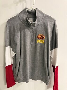 PINK Victoria's Secret Gray Quarter-Zip Pullover with Red & White Sleeve Panels